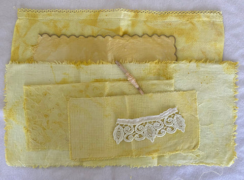 MARIGOLDS, Plant Dyed Bundle Which Includes Repurposed Cottons, Linen, Trims, Lace, and Thread for Slow Stitching Projects