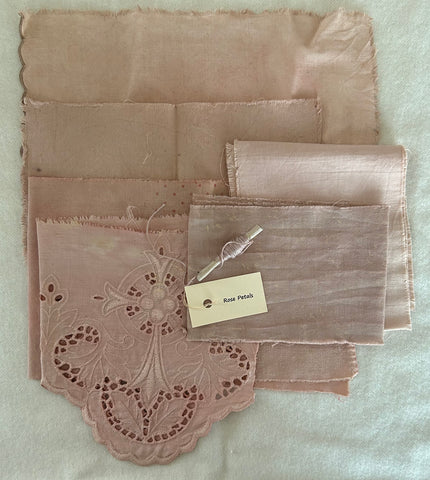 ROSE, Plant Dyed Bundle Which Includes Repurposed Cottons, Linen, Trims, Lace, and Thread for Slow Stitching Projects