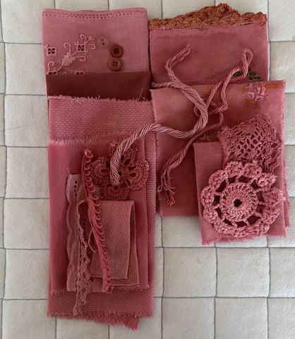 MADDER #2 Plant Dyed Bundle Which Includes Repurposed Cottons, Linen, Trims, Lace, and Thread for Slow Stitching Projects