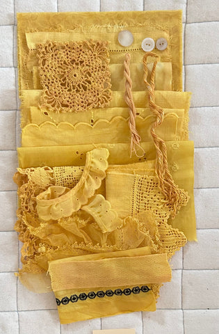 TURMERIC #1 Plant Dyed Bundle Which Includes Repurposed Cottons, Linen, Trims, Lace, and Thread for Slow Stitching Projects