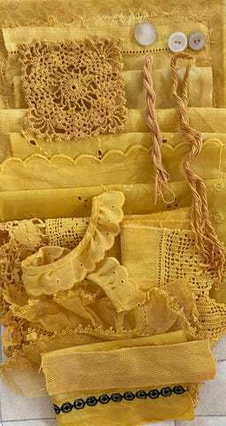 TURMERIC #1 Plant Dyed Bundle Which Includes Repurposed Cottons, Linen, Trims, Lace, and Thread for Slow Stitching Projects