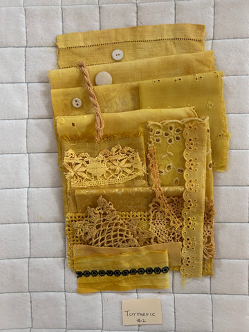 TURMERIC #2Plant Dyed Bundle Which Includes Repurposed Cottons, Linen, Trims, Lace, and Thread for Slow Stitching Projects