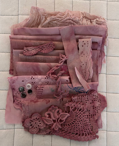 HIBISCUS Plant Dyed Bundle Which Includes Repurposed Cottons, Linen, Trims, Lace, and Thread for Slow Stitching Projects