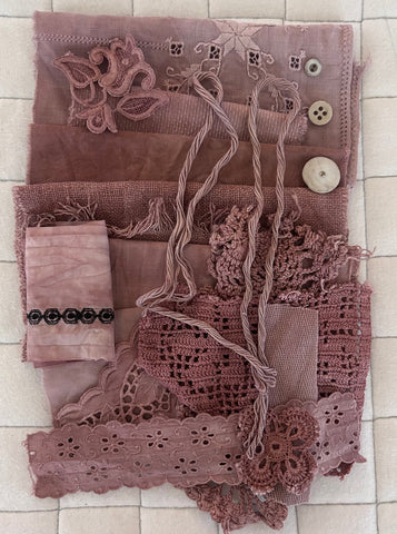 MADDER #2 Plant Dyed Bundle Which Includes Repurposed Cottons, Linen, Trims, Lace, and Thread for Slow Stitching Projects