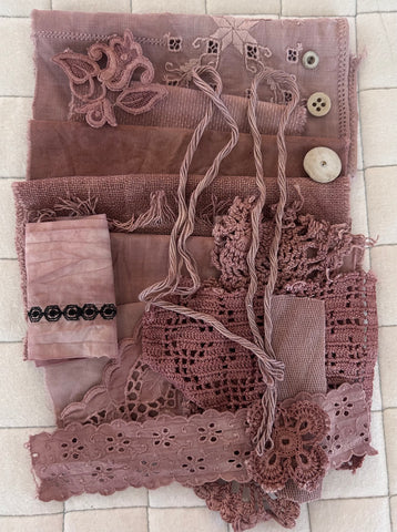 MADDER #2 Plant Dyed Bundle Which Includes Repurposed Cottons, Linen, Trims, Lace, and Thread for Slow Stitching Projects