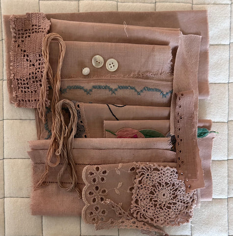 LIGHT MADDER #2  Plant Dyed Bundle Which Includes Repurposed Cottons, Linen, Trims, Lace, and Thread for Slow Stitching Projects