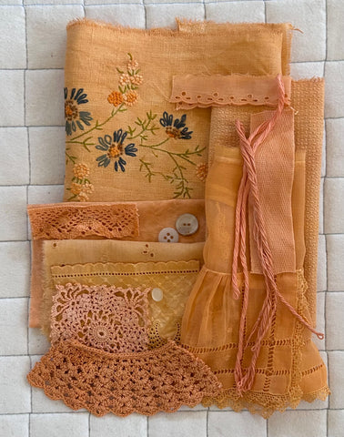 ANNATTO Plant Dyed Bundle Which Includes Repurposed Cottons, Linen, Trims, Lace, and Thread for Slow Stitching Projects